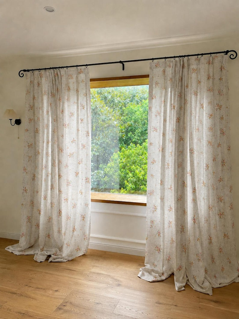 Floral Sheer Curtain Pink Yellow Vintage Botanical Print Cream Light Filtering Panel