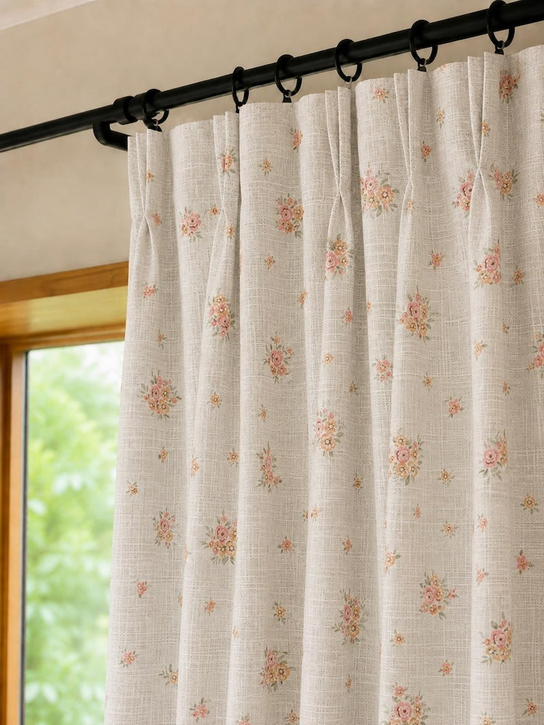 Sheer Floral Curtain — Beige background with vintage pink and yellow floral print; light-filtering woven curtain
