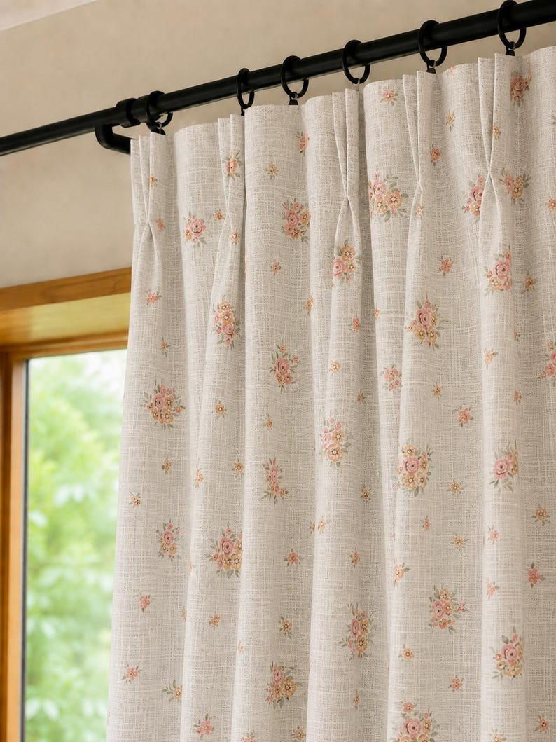 Floral Sheer Curtain Pink Yellow Vintage Botanical Print Cream Light Filtering Panel