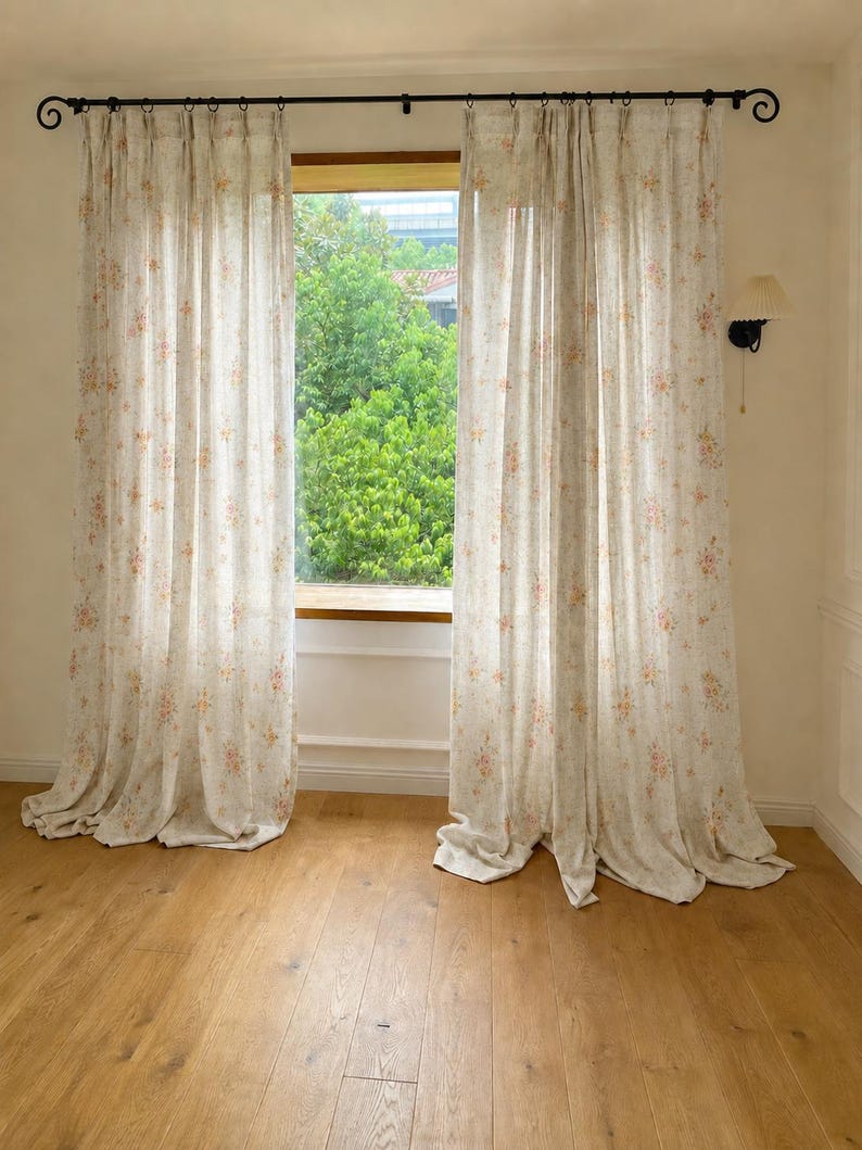 Floral Sheer Curtain Pink Yellow Vintage Botanical Print Cream Light Filtering Panel