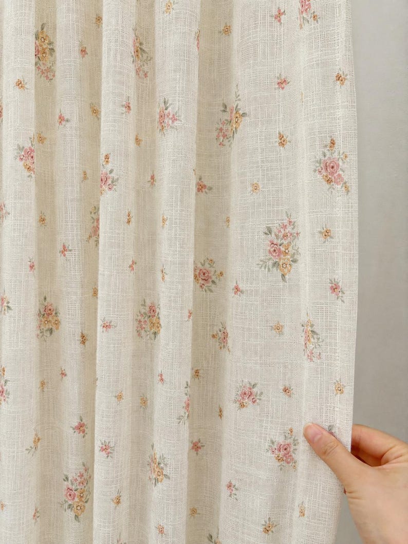 Sheer Floral Curtain — Beige background with vintage pink and yellow floral print; light-filtering woven curtain