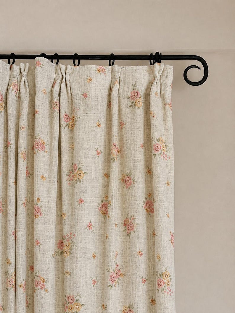 Sheer Floral Curtain — Beige background with vintage pink and yellow floral print; light-filtering woven curtain