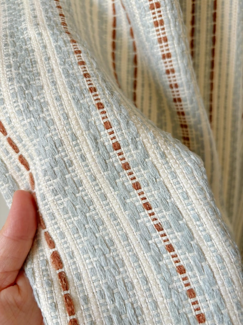 Woven striped curtains, blue-rust/cream, bohemian style