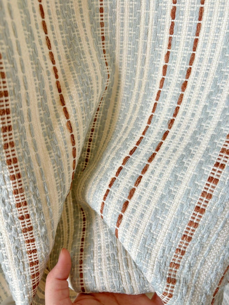 Woven striped curtains, blue-rust/cream, bohemian style