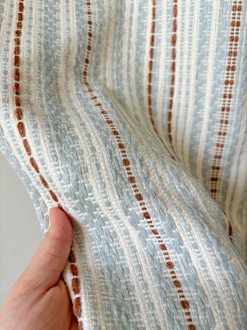 Woven striped curtains, blue-rust/cream, bohemian style