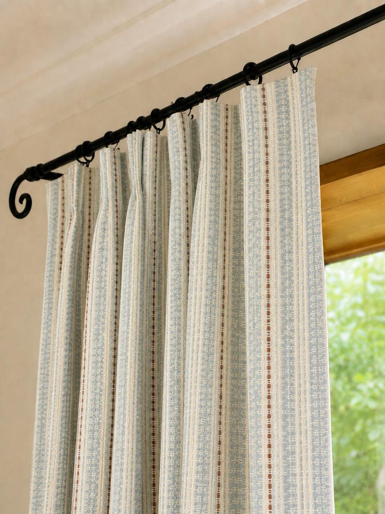 Woven striped curtains, blue-rust/cream, bohemian style