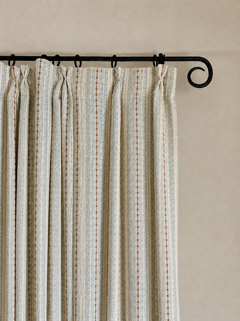 Woven striped curtains, blue-rust/cream, bohemian style