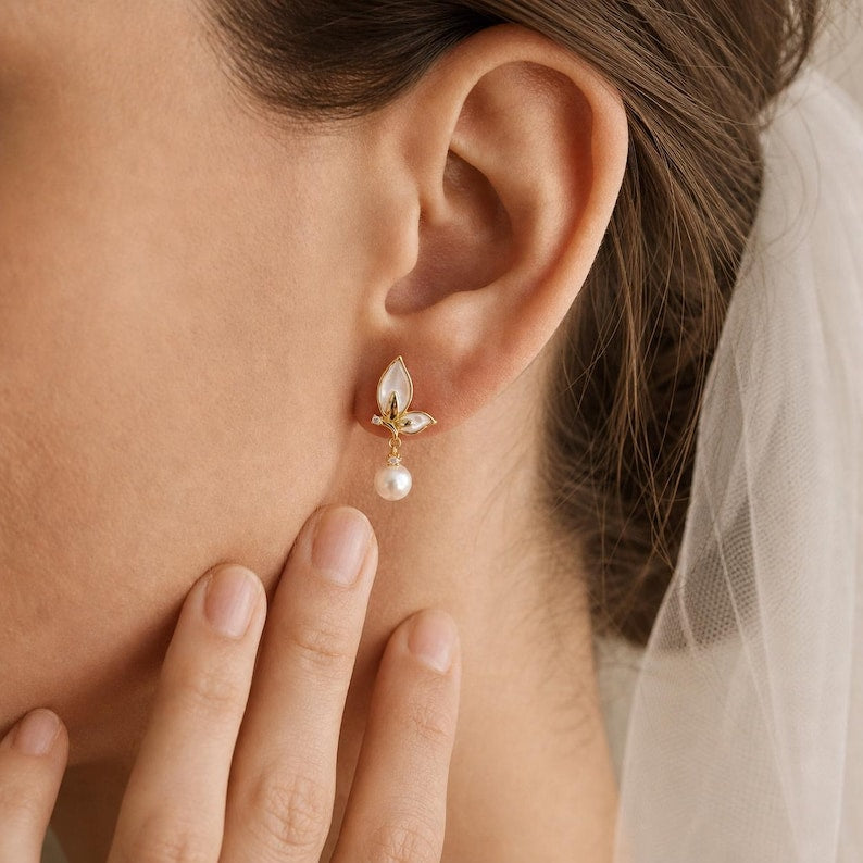 Butterfly Freshwater Pearl Drop Earrings with Gold Floral Gemstone Accents and 925 Sterling Silver Posts