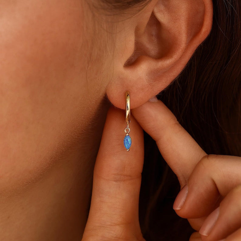 Blue opal hoop earrings, available in 18K gold or 925 sterling silver, with an inner diameter of 10 mm
