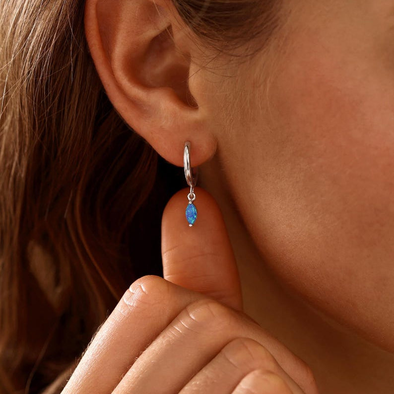Blue opal hoop earrings, available in 18K gold or 925 sterling silver, with an inner diameter of 10 mm