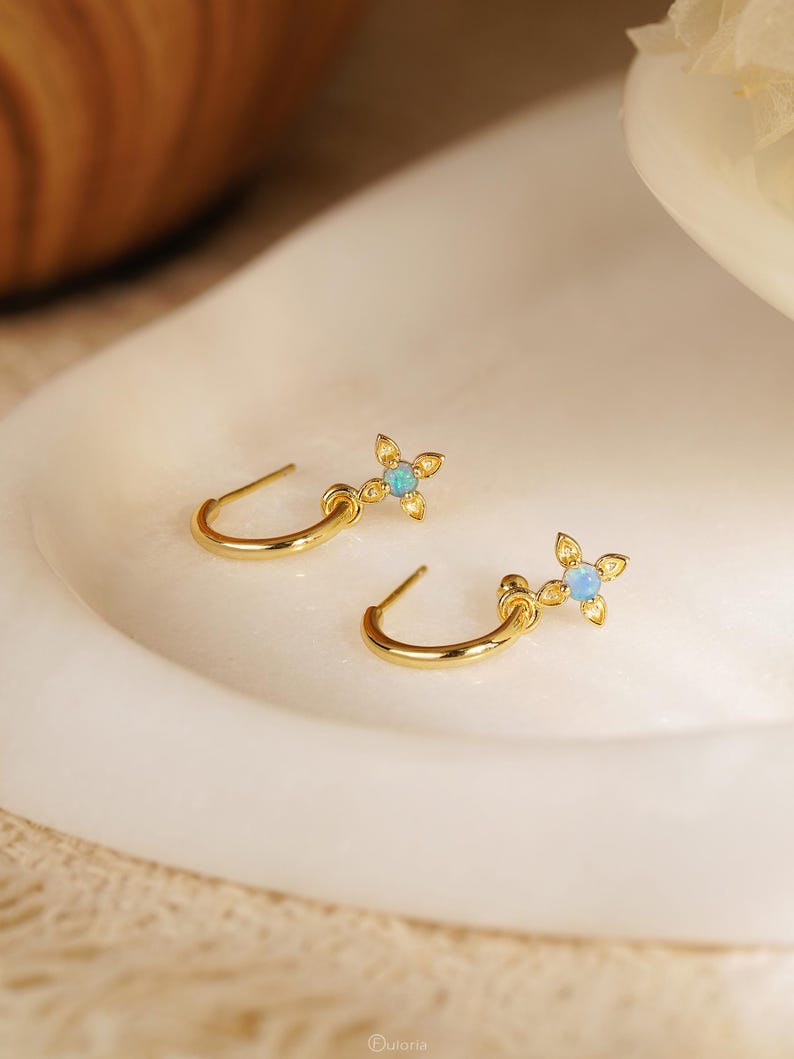 18K Gold and 925 Silver Blue Opal Flower Stud Earrings