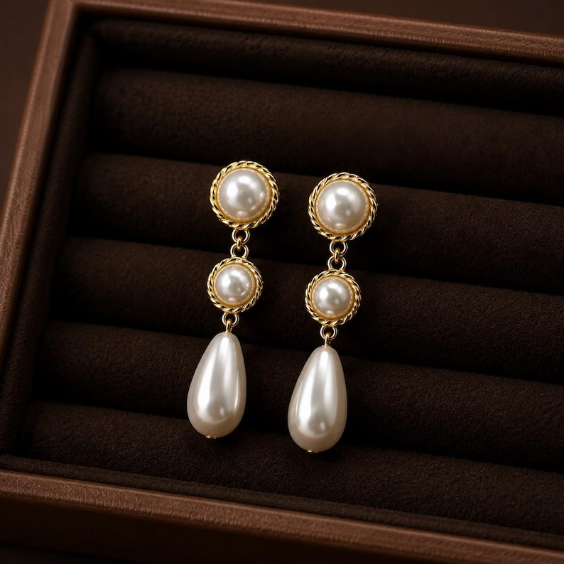 Gold-plated pearl drop earrings – Jewelry (length 5.6 cm)