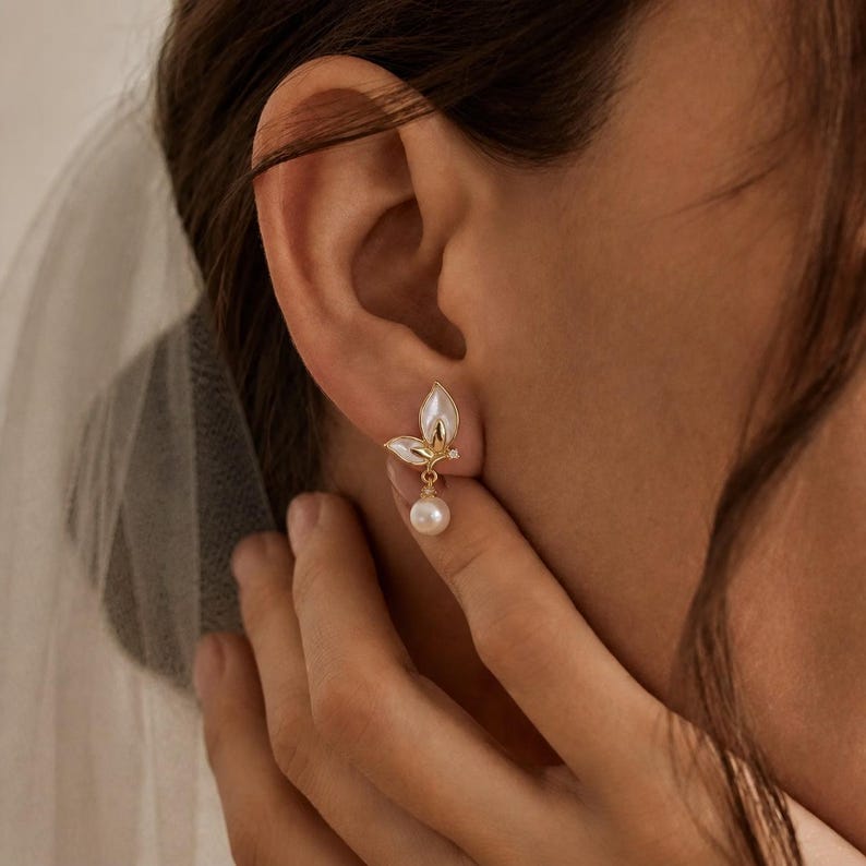 Butterfly Freshwater Pearl Drop Earrings with Gold Floral Gemstone Accents and 925 Sterling Silver Posts