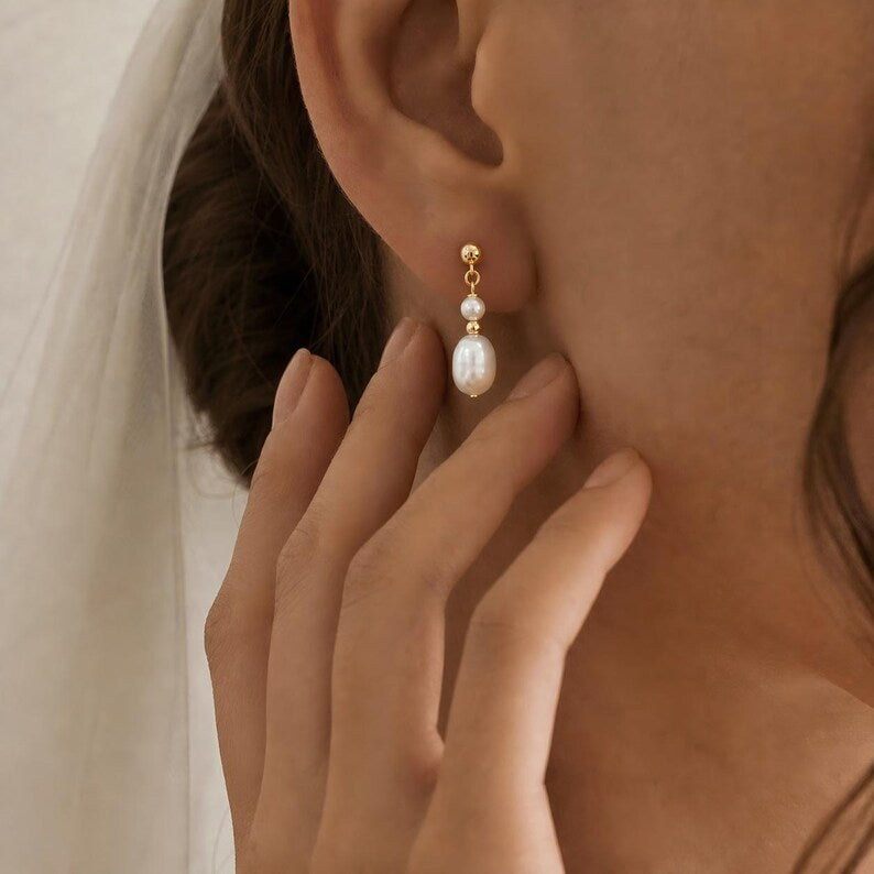 Freshwater pearl drop earrings, 925 silver with 14K gold plating, minimalist and delicate jewelry
