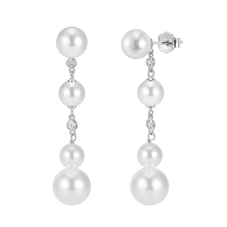 925 Sterling Silver Cubic Zirconia and Shell Pearl Drop Earrings (57mm Long)