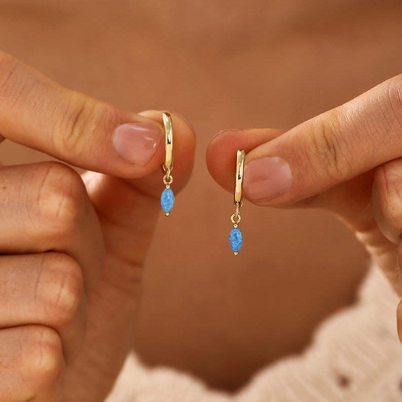 Blue opal hoop earrings, available in 18K gold or 925 sterling silver, with an inner diameter of 10 mm