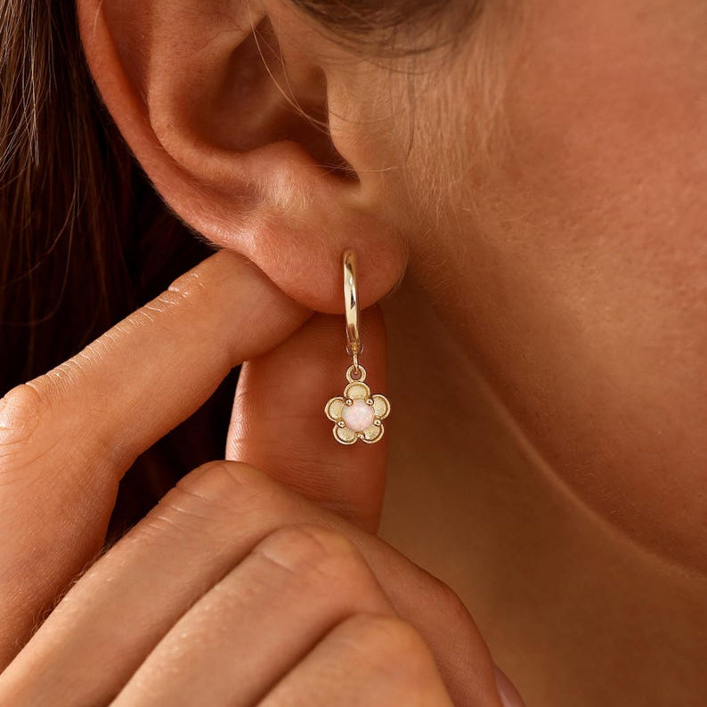 Opal flower hoop earrings, available in 18K gold or 925 sterling silver, featuring a 10mm hoop-style drop design