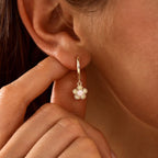 Opal flower hoop earrings, available in 18K gold or 925 sterling silver, featuring a 10mm hoop-style drop design