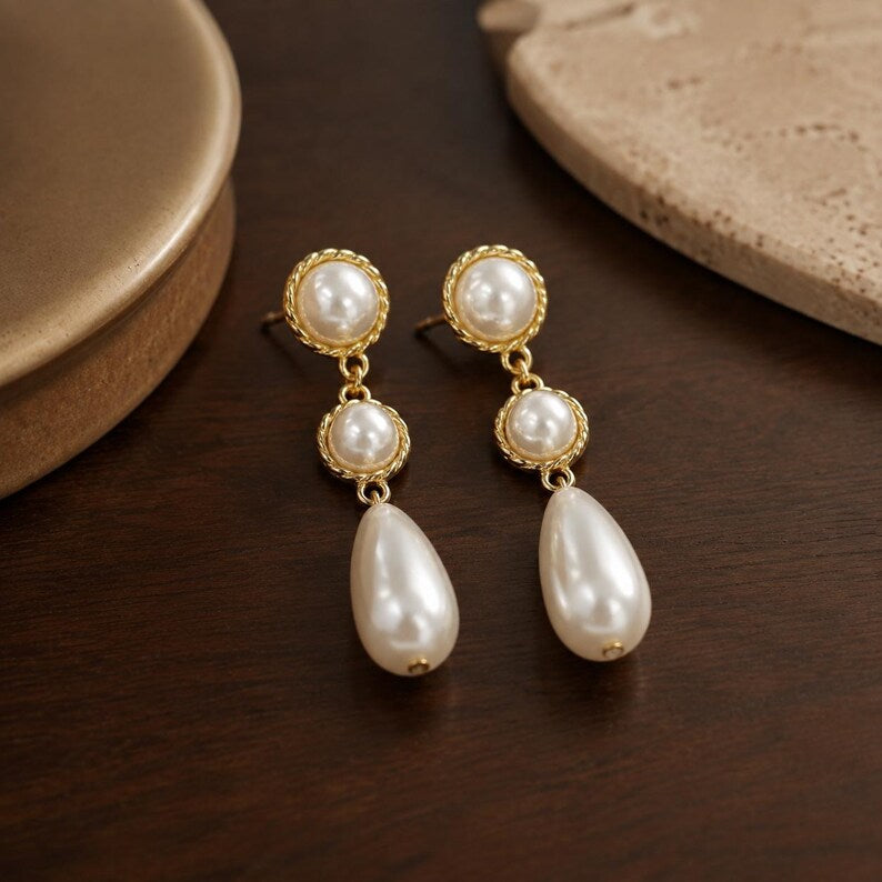 Gold-plated pearl drop earrings – Jewelry (length 5.6 cm)