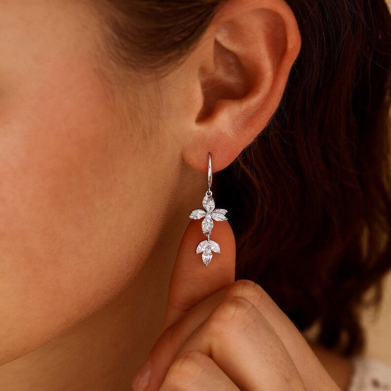 Floral diamond drop earrings, simple gold hook-style earrings