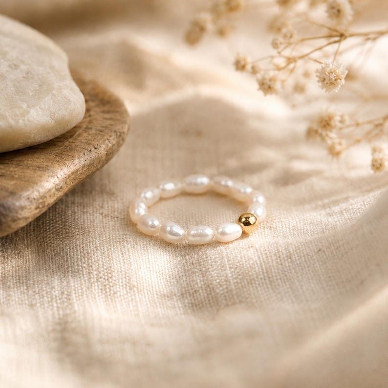 Freshwater pearl and gold bead ring; adjustable, stretchy, stackable ring; minimalist handmade jewelry