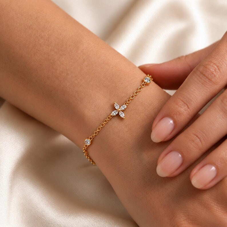 Gold Tone Floral Cross Bracelet with Cubic Zirconia, Adjustable Stainless Steel Chain, 19 cm with 3.5 cm Extender