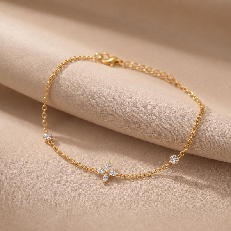 Gold Tone Floral Cross Bracelet with Cubic Zirconia, Adjustable Stainless Steel Chain, 19 cm with 3.5 cm Extender