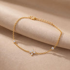 Gold Tone Floral Cross Bracelet with Cubic Zirconia, Adjustable Stainless Steel Chain, 19 cm with 3.5 cm Extender
