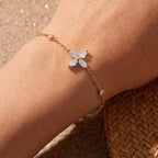 Gold Tone Floral Cross Bracelet with Cubic Zirconia, Adjustable Stainless Steel Chain, 19 cm with 3.5 cm Extender