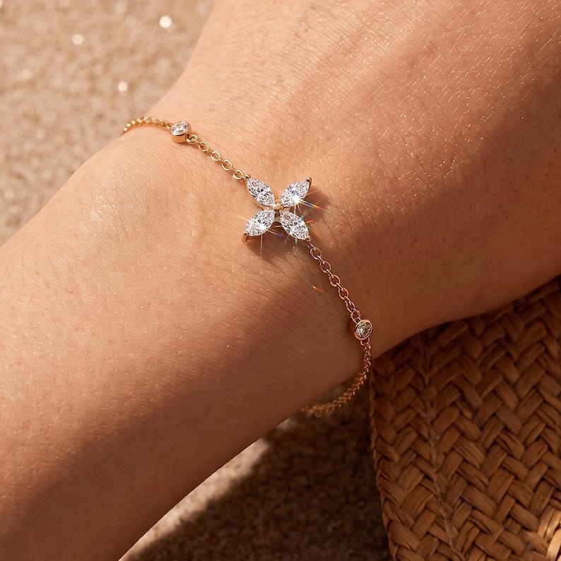 Gold Tone Floral Cross Bracelet with Cubic Zirconia, Adjustable Stainless Steel Chain, 19 cm with 3.5 cm Extender