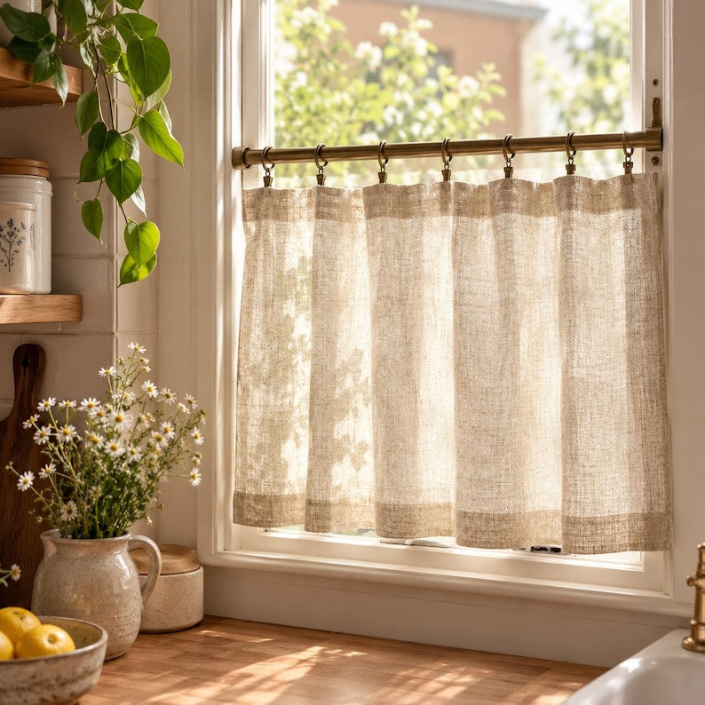 Linen-look semi-sheer café curtain—short kitchen curtain (semi-translucent)