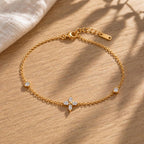 Gold Tone Floral Cross Bracelet with Cubic Zirconia, Adjustable Stainless Steel Chain, 19 cm with 3.5 cm Extender