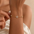 Gold Tone Floral Cross Bracelet with Cubic Zirconia, Adjustable Stainless Steel Chain, 19 cm with 3.5 cm Extender