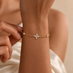 Gold Tone Floral Cross Bracelet with Cubic Zirconia, Adjustable Stainless Steel Chain, 19 cm with 3.5 cm Extender