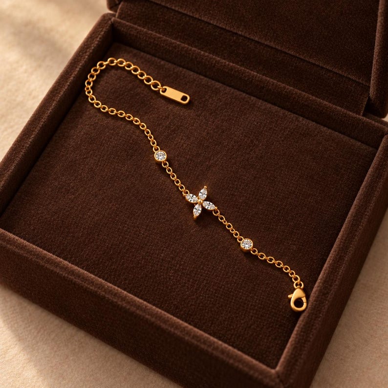 Gold Tone Floral Cross Bracelet with Cubic Zirconia, Adjustable Stainless Steel Chain, 19 cm with 3.5 cm Extender