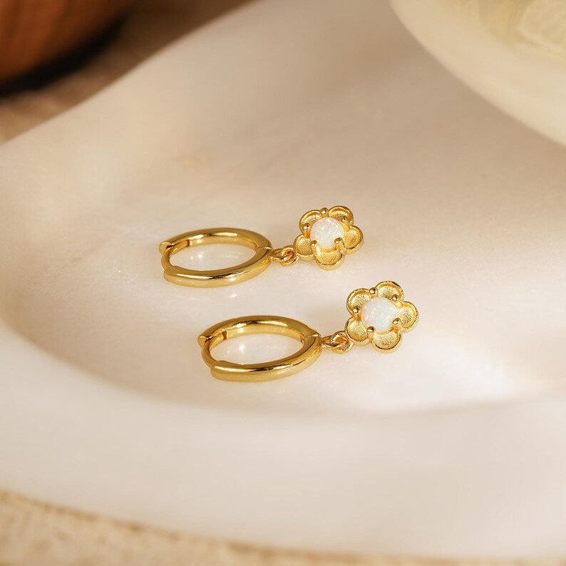 Opal flower hoop earrings, available in 18K gold or 925 sterling silver, featuring a 10mm hoop-style drop design