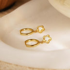 Opal flower hoop earrings, available in 18K gold or 925 sterling silver, featuring a 10mm hoop-style drop design