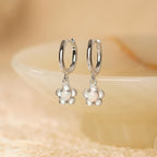 Opal flower hoop earrings, available in 18K gold or 925 sterling silver, featuring a 10mm hoop-style drop design