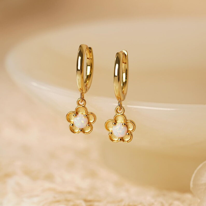Opal flower hoop earrings, available in 18K gold or 925 sterling silver, featuring a 10mm hoop-style drop design