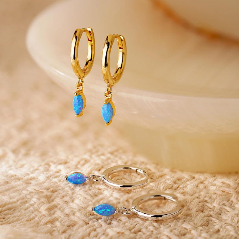 Blue opal hoop earrings, available in 18K gold or 925 sterling silver, with an inner diameter of 10 mm