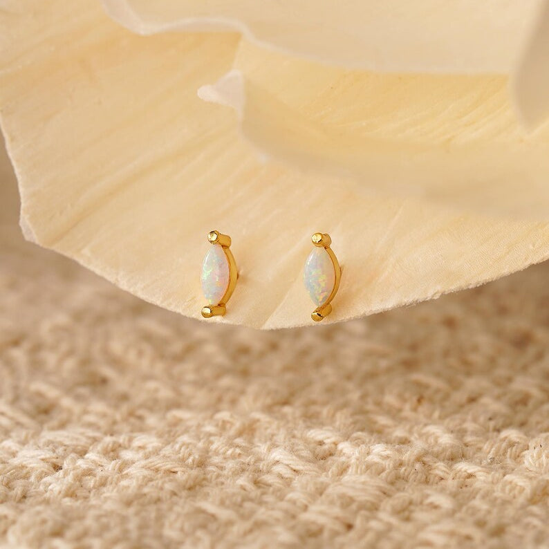 Opal stud earrings—minimalist, petite blue and white opal studs, crafted in 18K gold and 925 sterling silver
