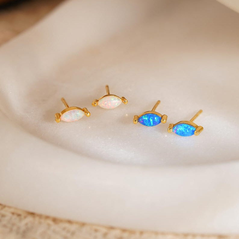 Opal stud earrings—minimalist, petite blue and white opal studs, crafted in 18K gold and 925 sterling silver