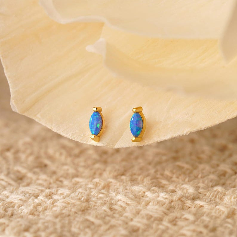 Opal stud earrings—minimalist, petite blue and white opal studs, crafted in 18K gold and 925 sterling silver