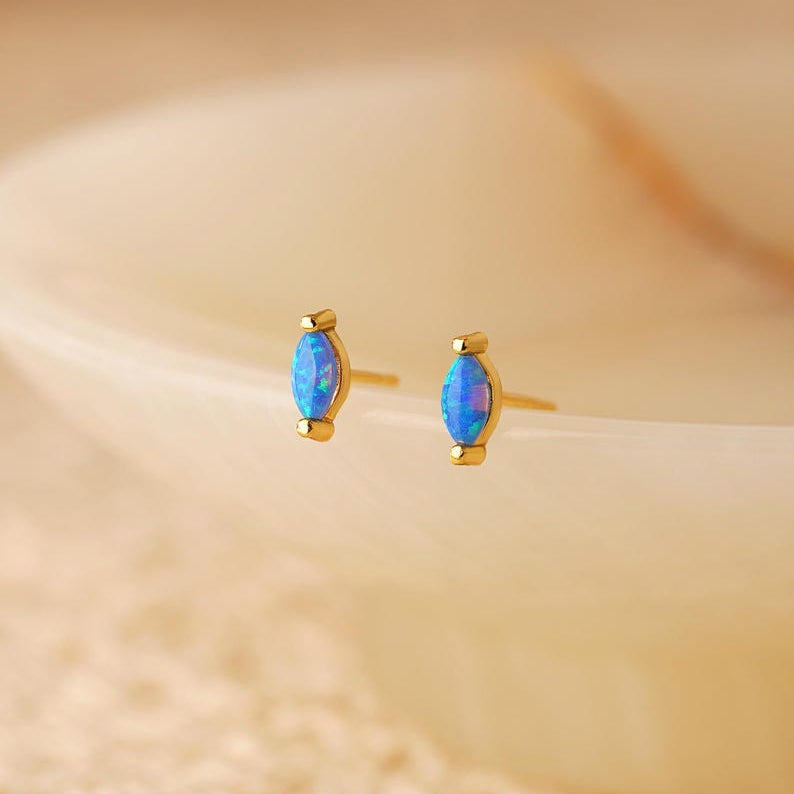 Opal stud earrings—minimalist, petite blue and white opal studs, crafted in 18K gold and 925 sterling silver