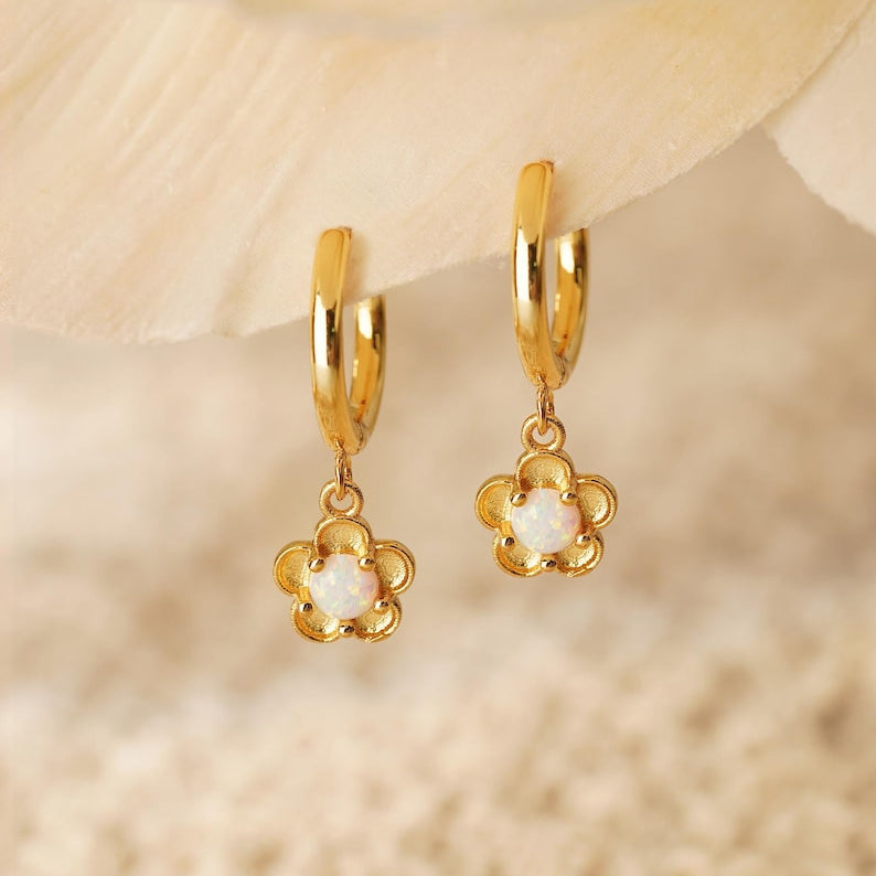 Opal flower hoop earrings, available in 18K gold or 925 sterling silver, featuring a 10mm hoop-style drop design