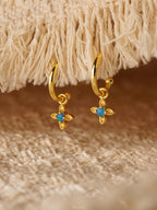 18K Gold and 925 Silver Blue Opal Flower Stud Earrings