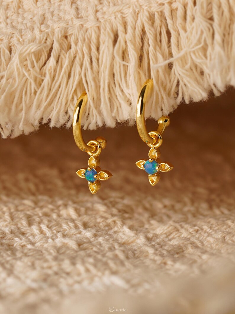 18K Gold and 925 Silver Blue Opal Flower Stud Earrings