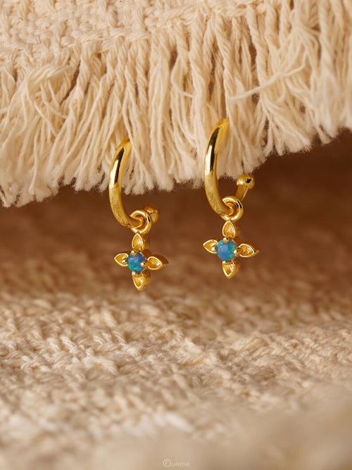 18K Gold and 925 Silver Blue Opal Flower Stud Earrings