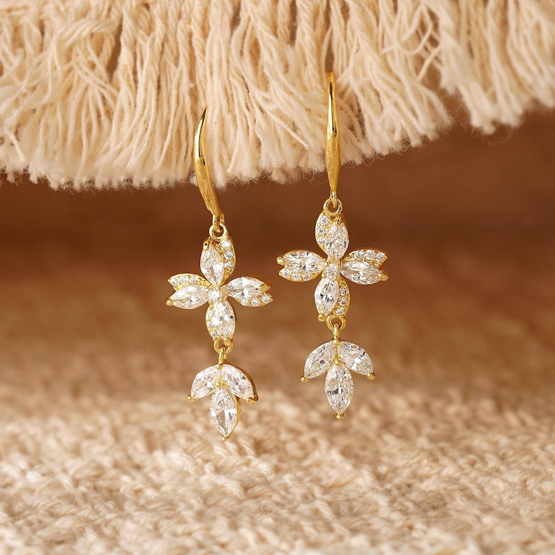 Floral diamond drop earrings, simple gold hook-style earrings