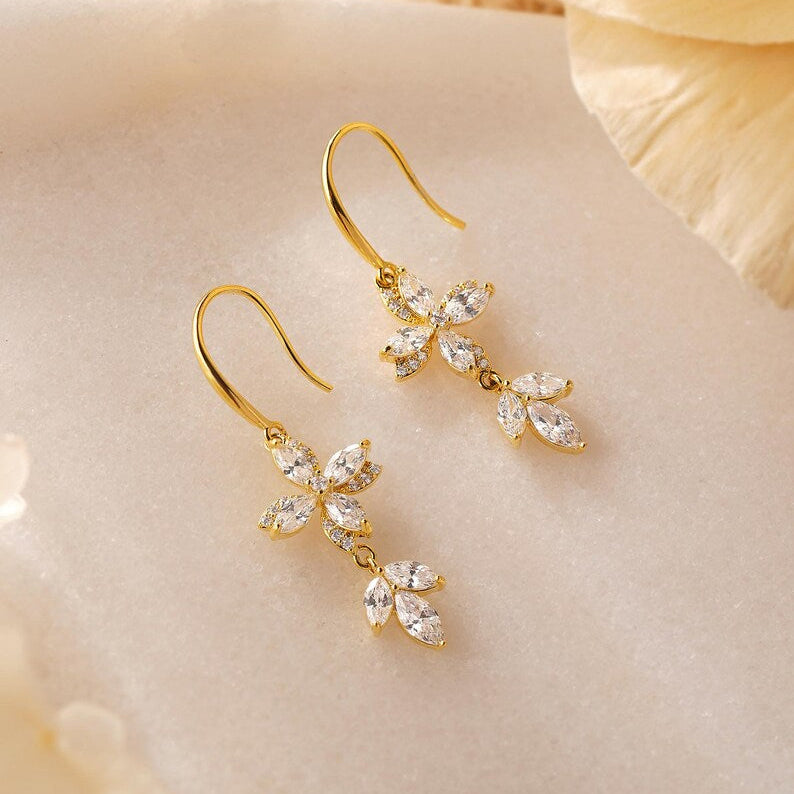 Floral diamond drop earrings, simple gold hook-style earrings